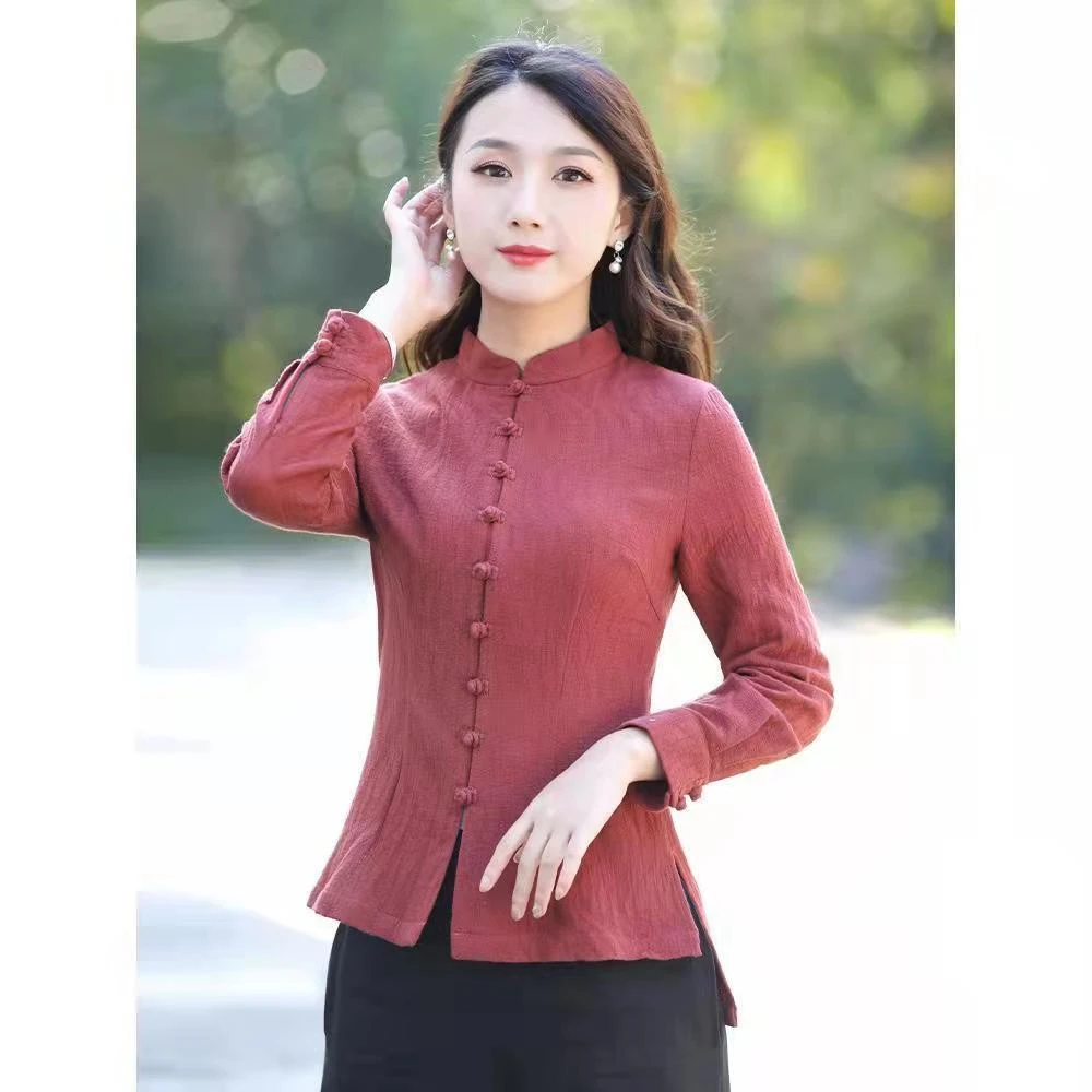 中国风上衣日常粉色少女唐装旗袍春季长袖甜美修身女盘扣上衣短款