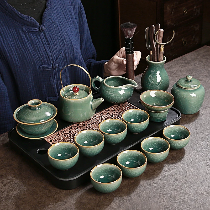 哥窑茶具套装家用整套茶盘台办公会客高档冰裂纹开片茶杯斗笠杯