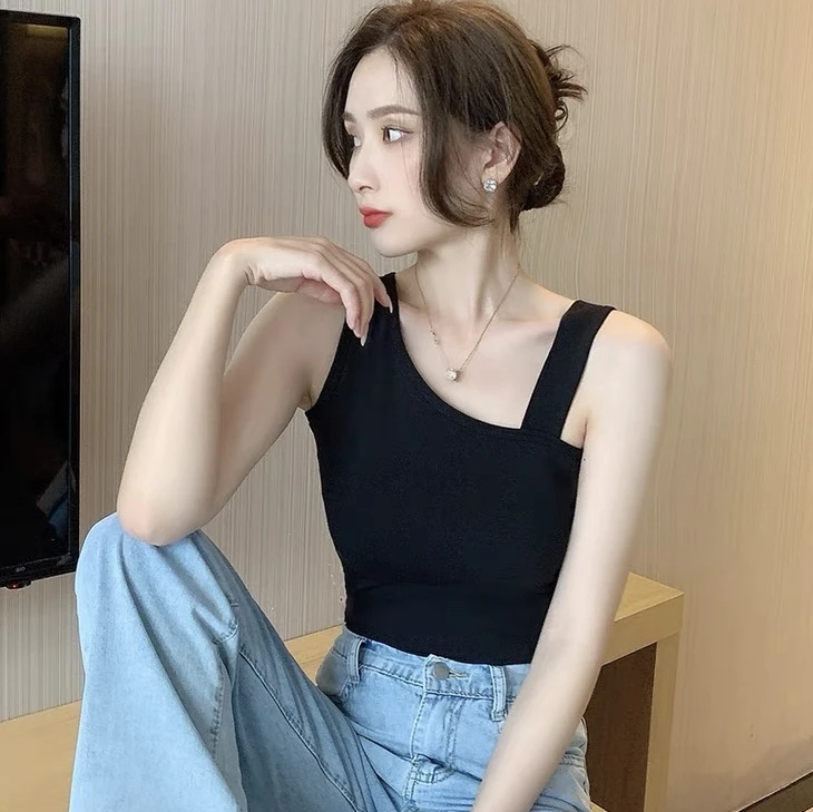 吊带小背心女斜肩设计小众打底衫外穿内搭性感紧身心机美背上衣夏