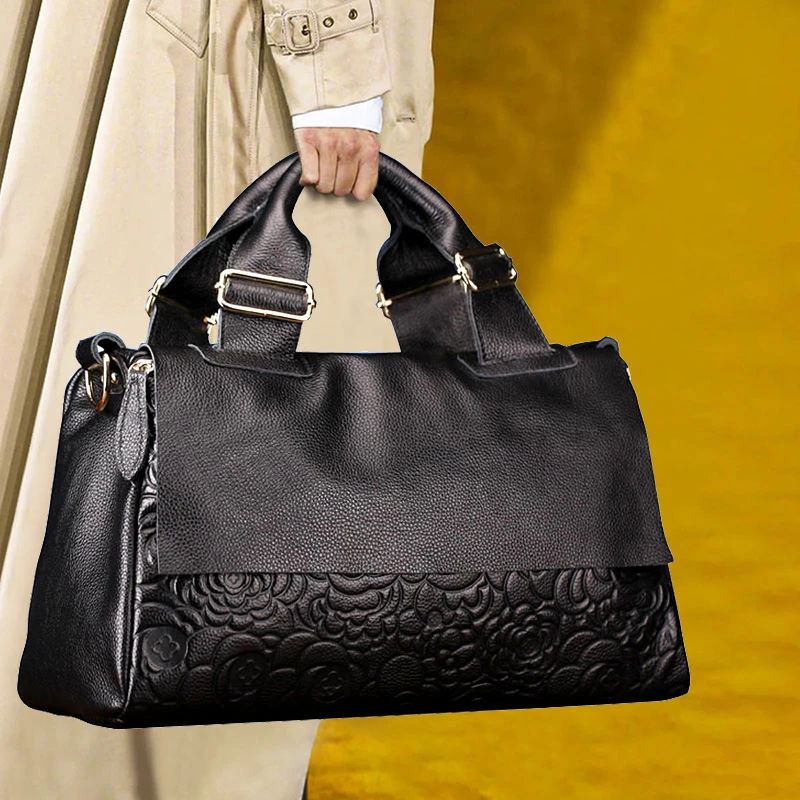 2023新款压花真皮女包手提大包时尚头层牛皮大容量单肩斜挎女包包