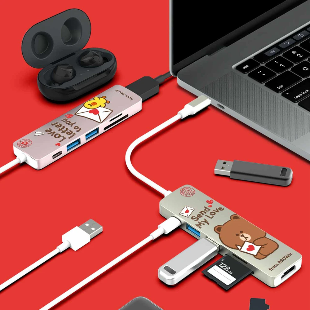 LINEFRIENDS扩展坞TYPE-C扩展器笔记本通用六合一分线读卡转换器