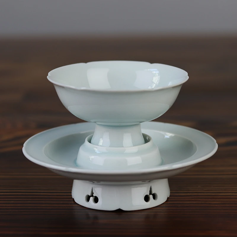 手工中式仿宋影青釉茶盏杯盏葵口单杯高足主人杯宋代陶瓷杯茶酒具