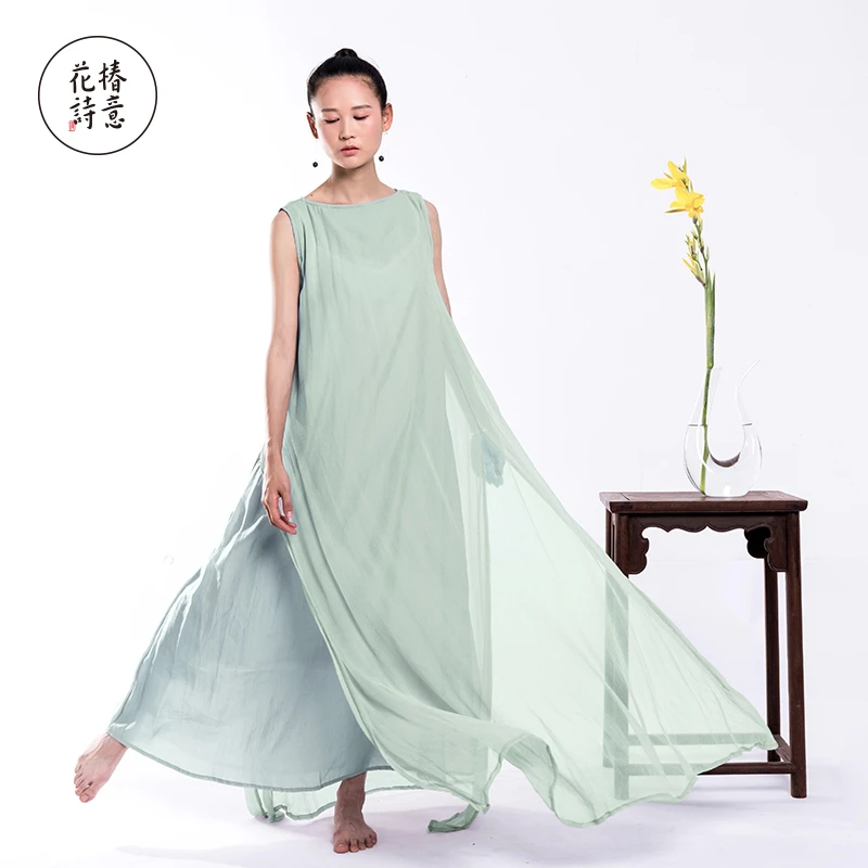 花椿詩意铜氨丝无袖连衣裙修身显瘦春夏新款薄荷绿仙女长款裙子