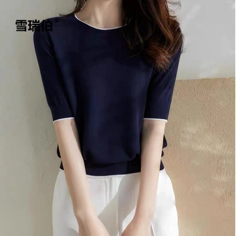 雪瑞伯韩版春夏季新款针织衫女薄款简约洋气百搭短袖上衣T恤女装