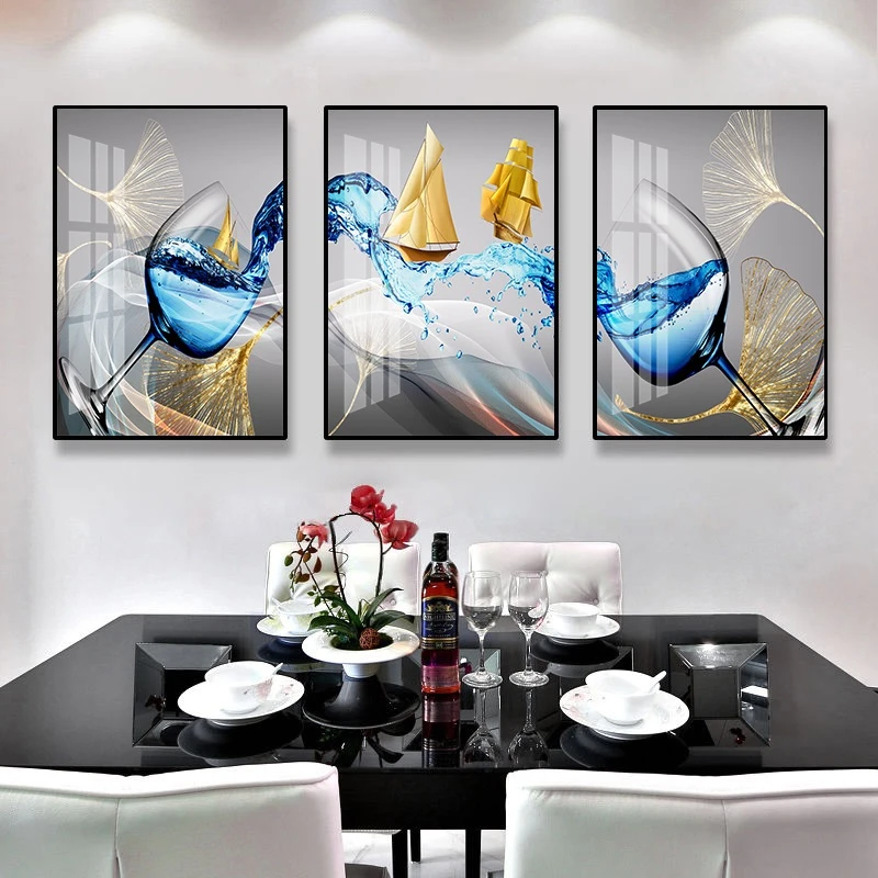 顺丰直发-餐厅装饰画三联酒杯有框晶瓷画水果厨房挂画客厅装饰画