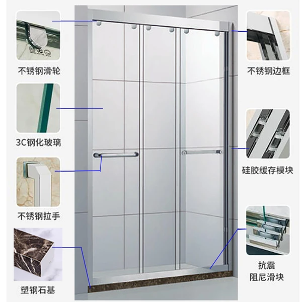沐浴房隔断玻璃三门互动推拉移门不锈钢一字形浴屏洗澡间干湿分离