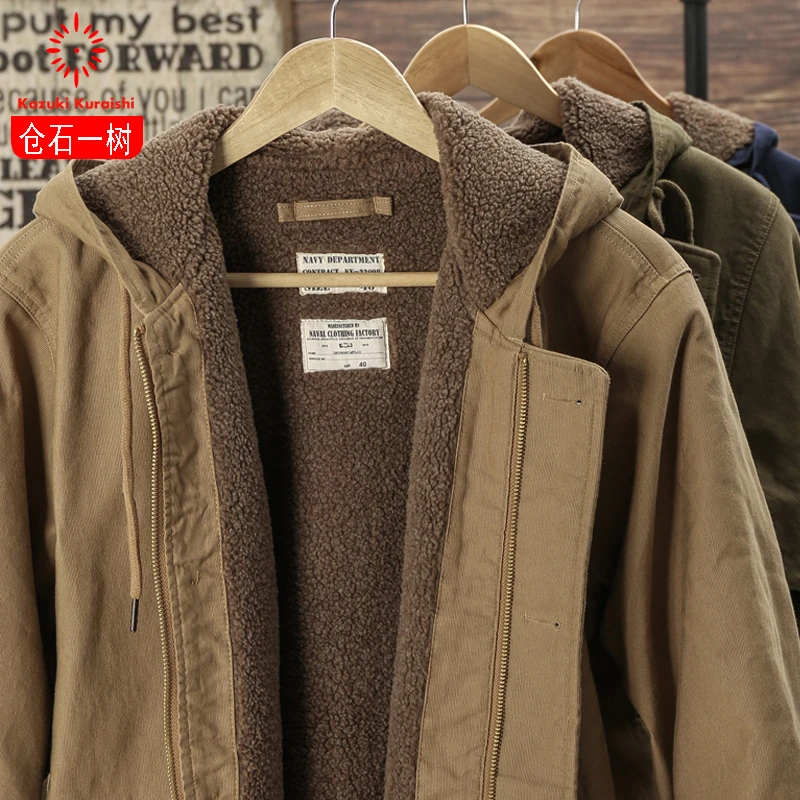 仓石一树联名冬季复古工装棉服日系连帽加绒加厚棉衣男羊羔绒外套