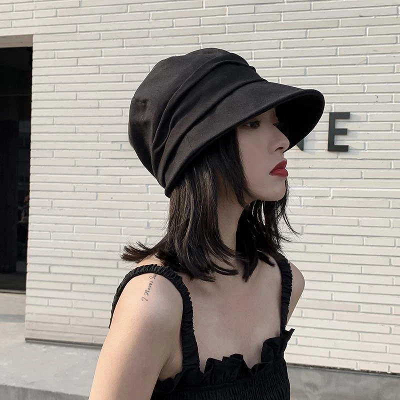 B-19日系薄款夏季亚麻帽子女韩版潮复古褶皱渔夫帽黑色画家帽遮阳