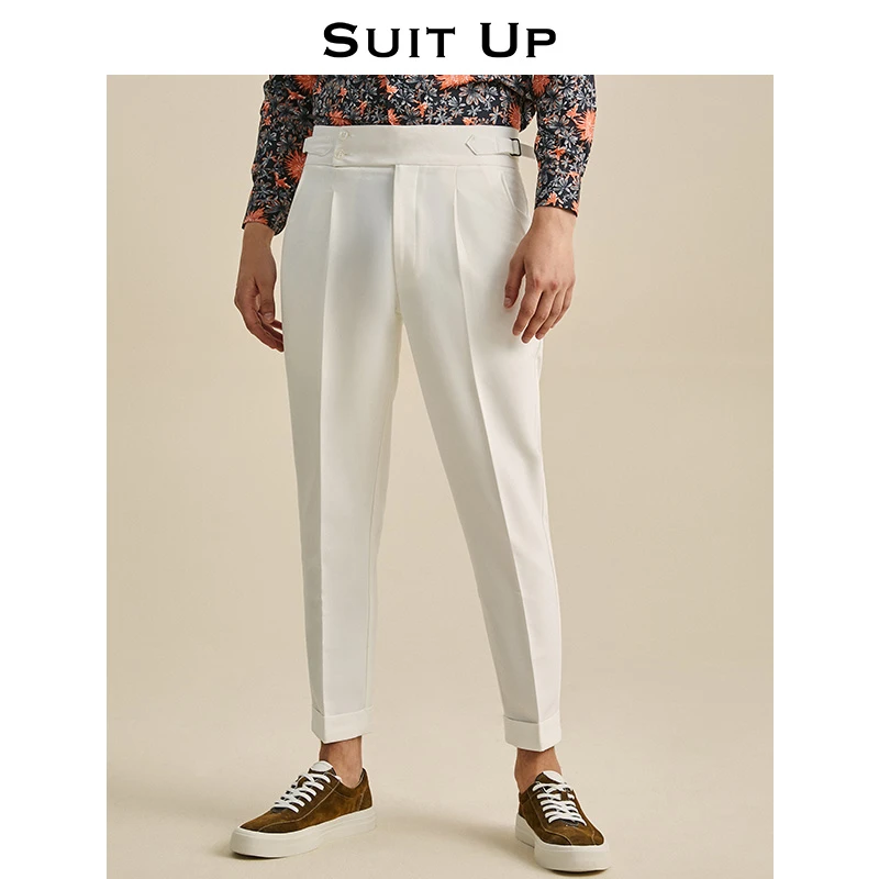 SUITUP/休塔 那不勒斯英式高腰男休闲九分裤白色黑色巴黎扣时尚