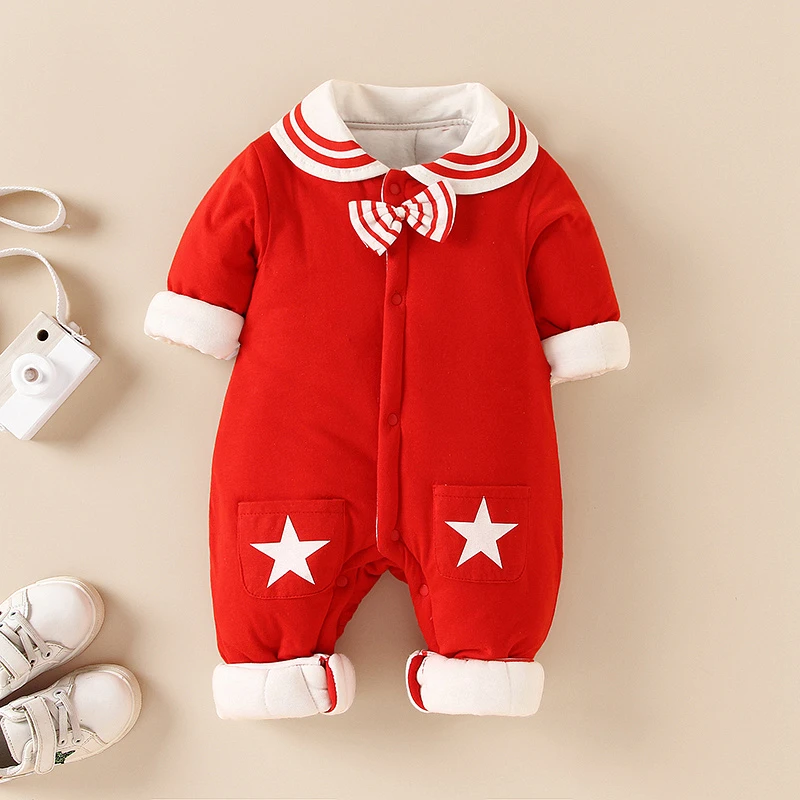 婴儿加棉哈衣宝宝外出爬服新生儿童保暖连体衣红色外穿加厚春秋冬