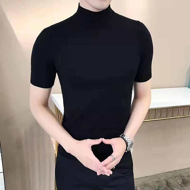 男士短袖毛衣半高领春秋季针织衫男弹力潮流修身中领打底线衫T恤