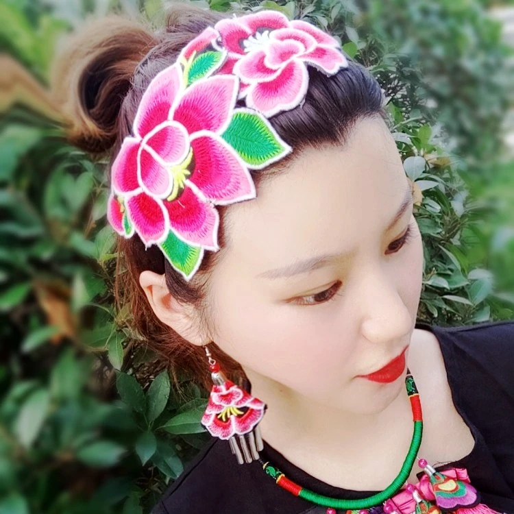 原创设计手工老绣片重工立体珠花发带民族风刺绣宽边头饰发饰发箍
