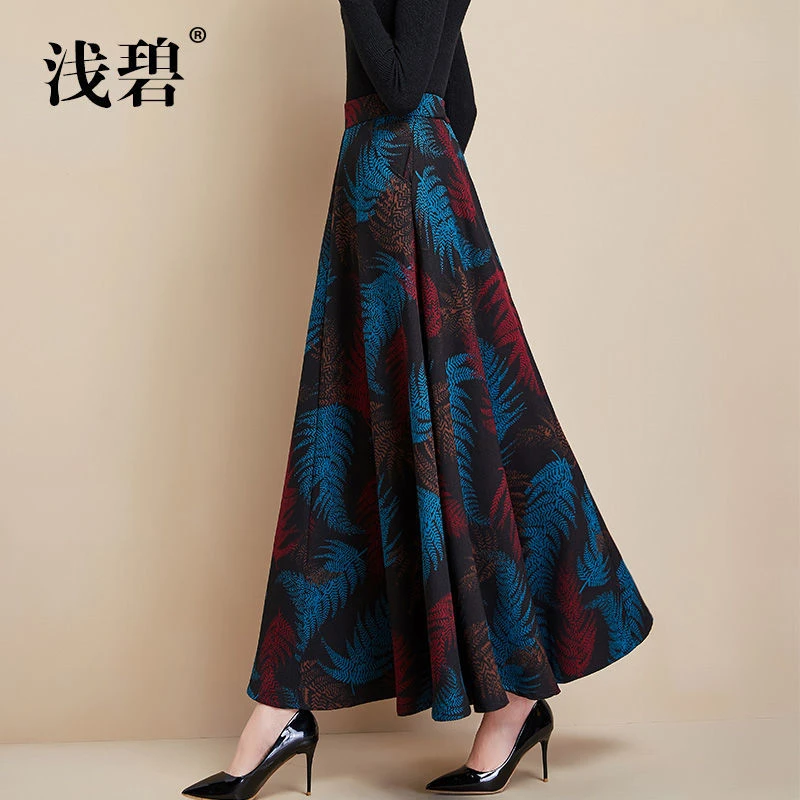 2023秋冬季新款复古印花半身长款长裙女高腰大摆跳舞裙大码半身裙