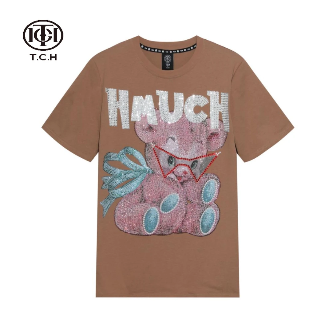 TCH轻奢烫钻工艺潮牌卡通墨镜时尚粉小熊T恤女T21330C6001私服tch