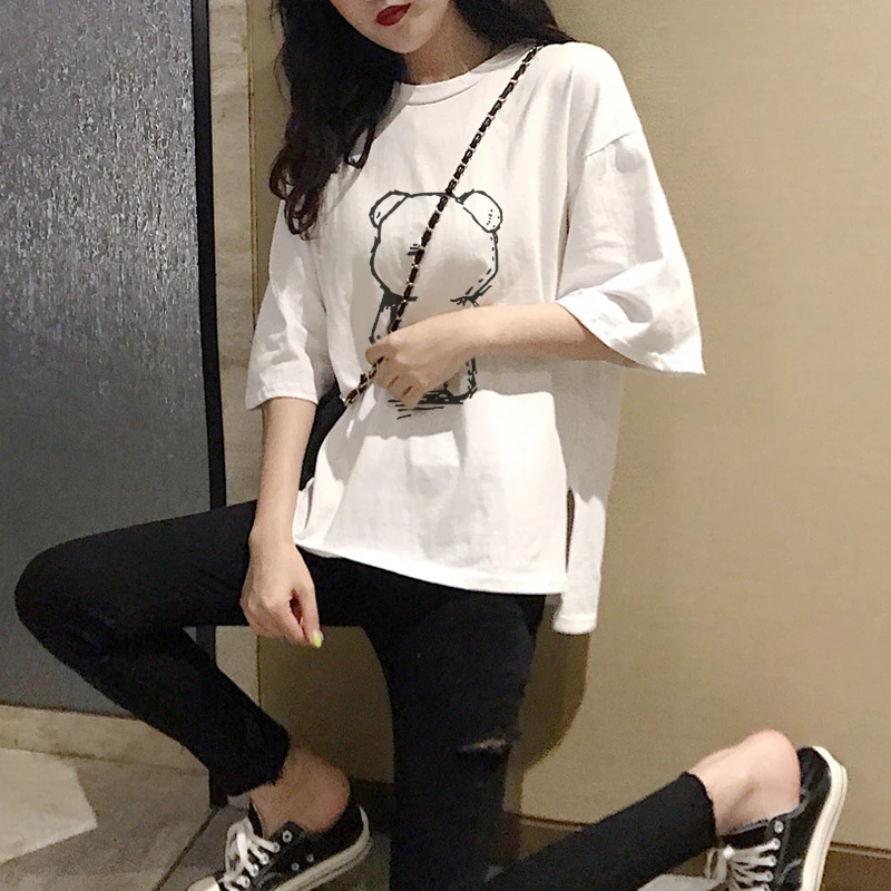 2022高温烫画纯棉白色t恤女短袖宽松简约打底衫女ins半袖上衣潮