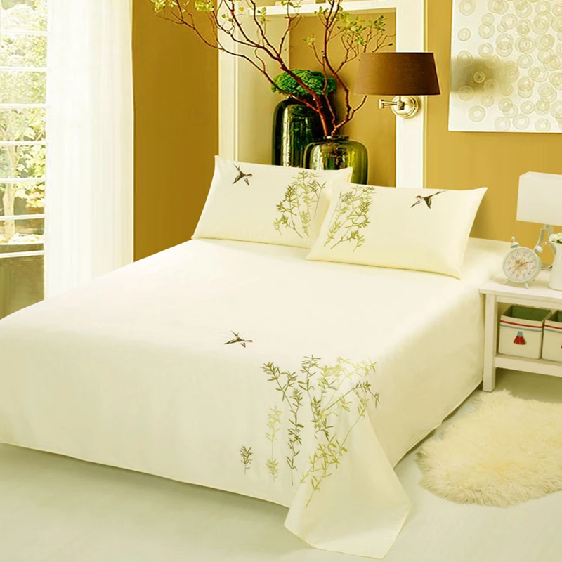 新款外贸出口纯棉绣花床单枕套三件套全棉睡单单件刺绣简约包邮