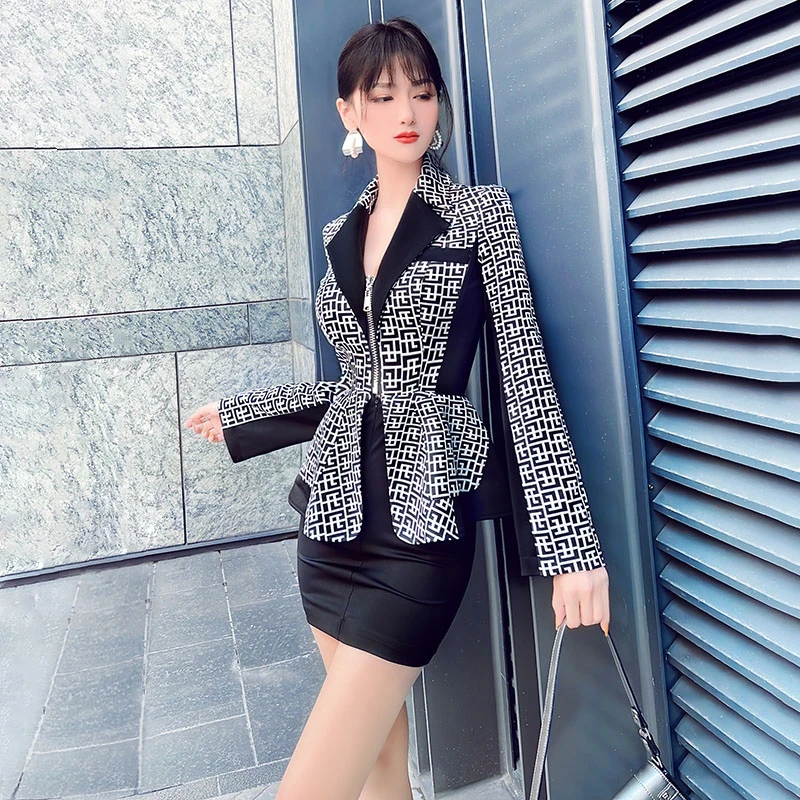 设计感假两件印花西装连衣裙2022春新款性感女人味裙摆造型包臀裙