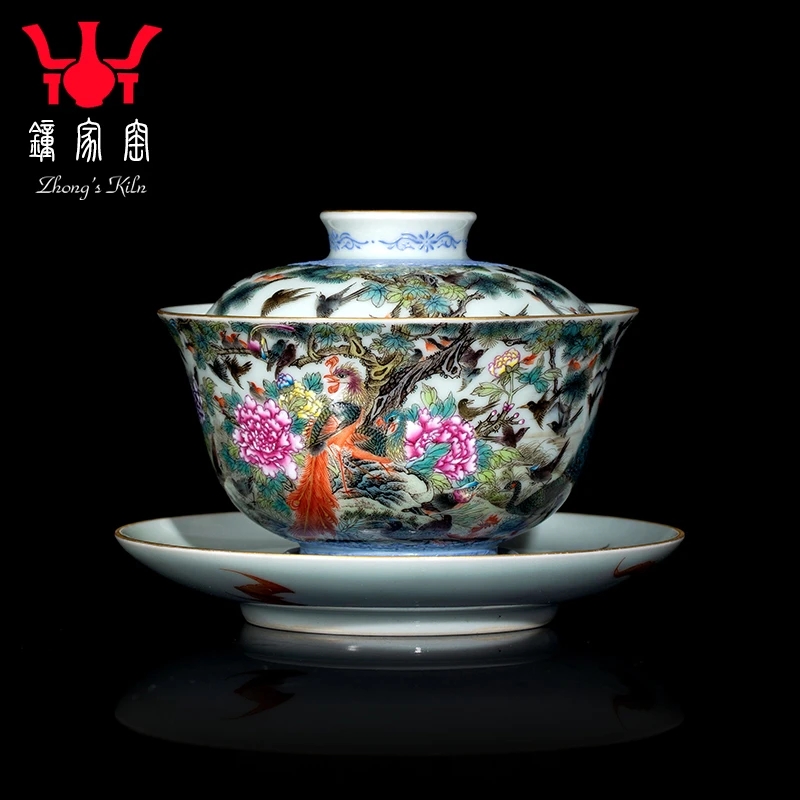 钟家窑陶瓷盖碗景德镇全手工高端百鸟朝凤三才盖碗茶杯收藏泡茶碗