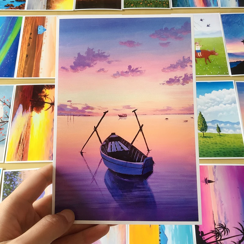 少儿水粉丙烯油画临摹卡范画风景花卉动物参考图儿童成人画室样图
