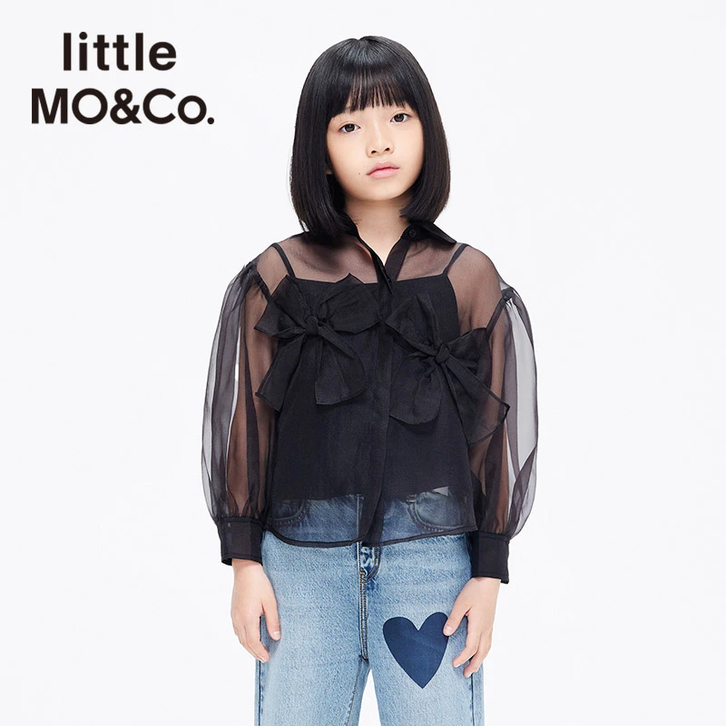 little moco童装秋季拼接长袖衬衫欧根纱蝴蝶结衬衫#KBA3SHT014