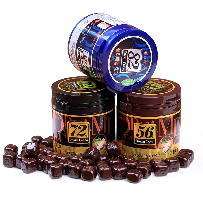 韩国进口lotte乐天梦黑巧克力豆罐装56%72%82%苦纯可可脂休闲零食