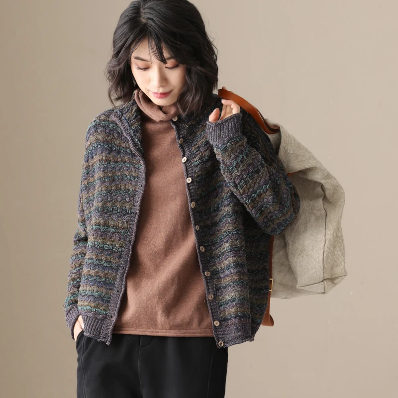 条纹短款针织开衫外套女早春新款文艺长袖单排扣针织毛衣宽松休闲