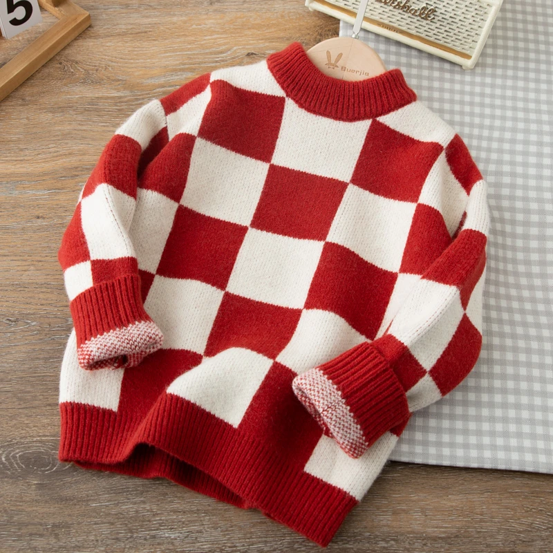 男童毛衣亲子款新年服红色加厚套头儿童装圆领提花保暖中大童洋气