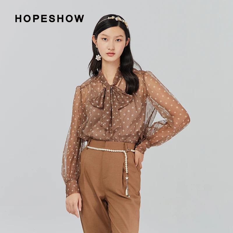 HOPESHOW红袖 春季时尚休闲系带波点咖色上衣 89121292003
