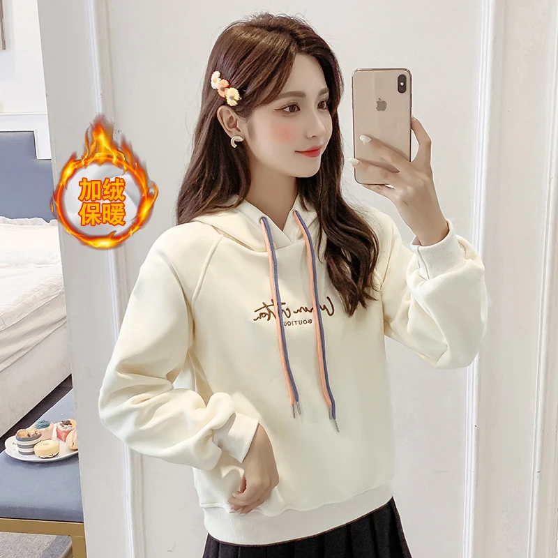 小个子连帽加绒卫衣女2024春季新款宽松bf慵懒百搭长袖上衣潮ins