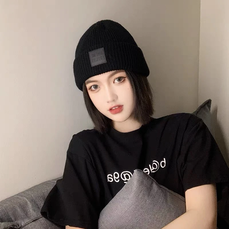 ARD05 韩版ins休闲百搭橙色贴标毛线针织帽男女款显脸小针织帽
