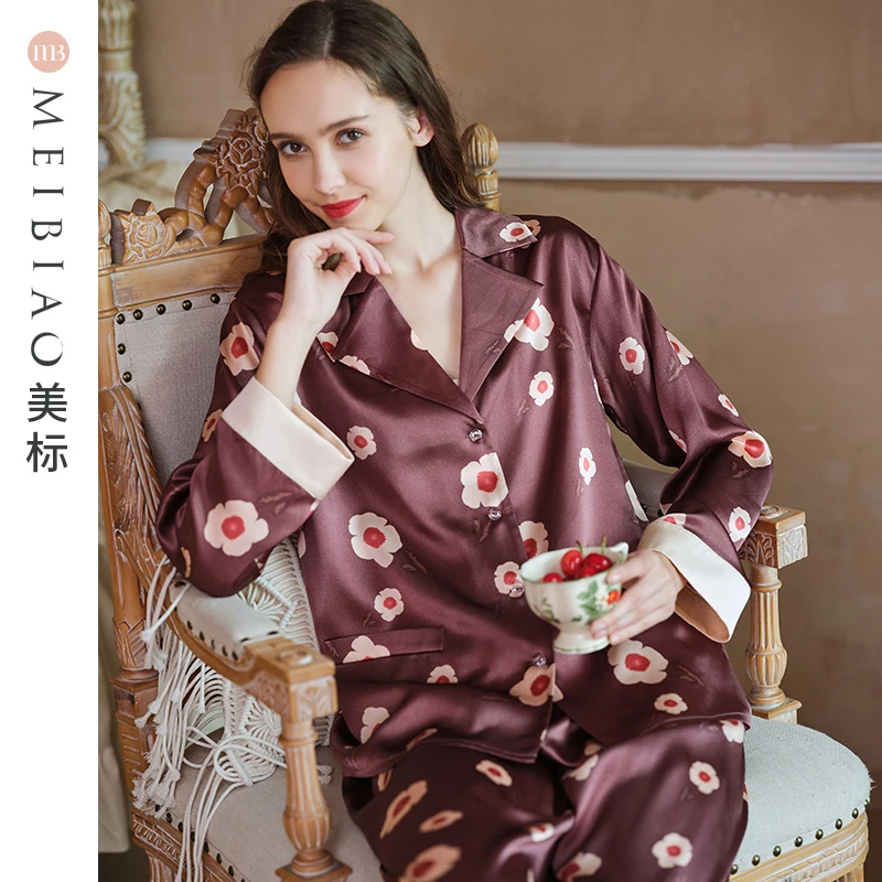 美标春秋100%桑蚕丝19姆米女士长袖长裤中国风套装家居服020891