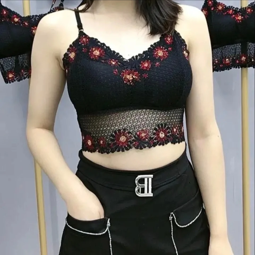 网红短雏菊亮钻小背心蕾丝性感内搭美背时尚百搭款无钢圈吊带打底