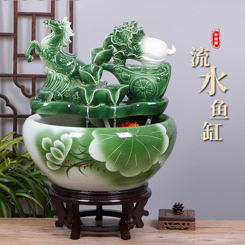 景德镇陶瓷鱼缸流水喷泉家用小金鱼缸大号养鱼盆客厅加湿装饰造景