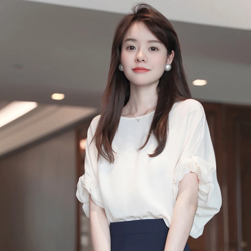 夏装新款日系气质通勤宽松衬衫女两件套衬衣插肩袖显瘦雪纺衫上衣