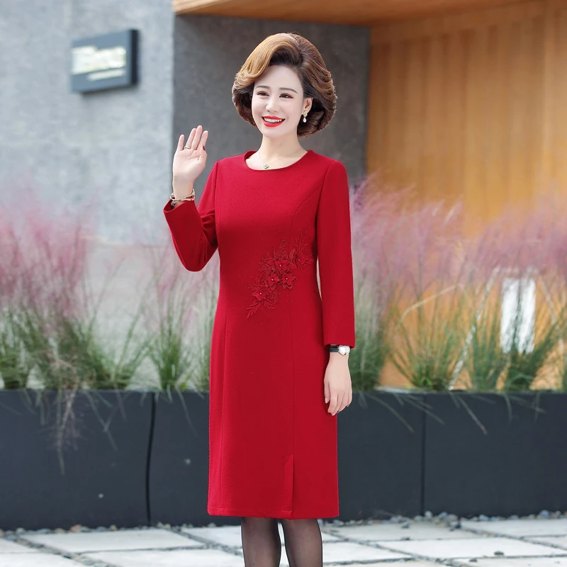 冬季女中老年妈妈装加厚高端羊毛呢子绣花婚宴礼服婆婆婚礼连衣裙