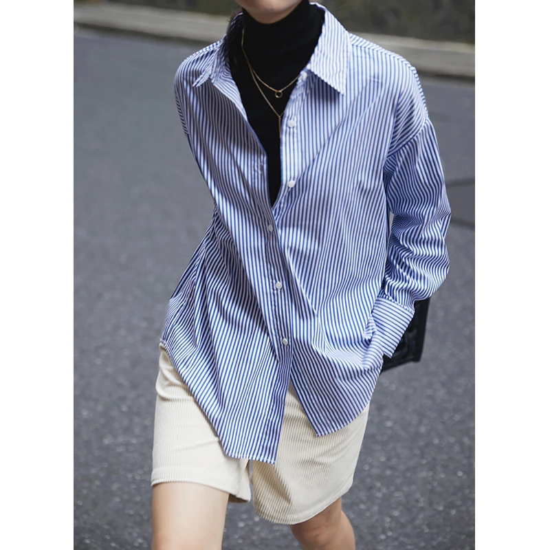 鲸乎蓝色条纹衬衫女小众竖条纹匹马棉蓝白衬衣百搭舒适通勤