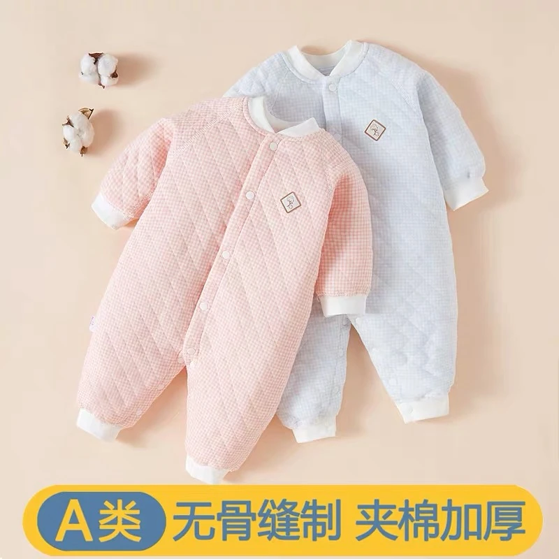 婴儿连体衣秋冬男女宝秋冬A类纯棉无骨夹棉保暖加厚爬服连体哈衣