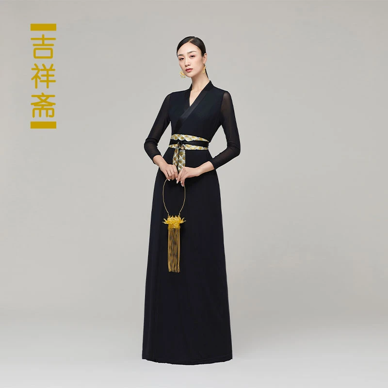 吉祥斋藏式女装云霓阁长复古上衣V领修身撞色拼接国风礼服正品