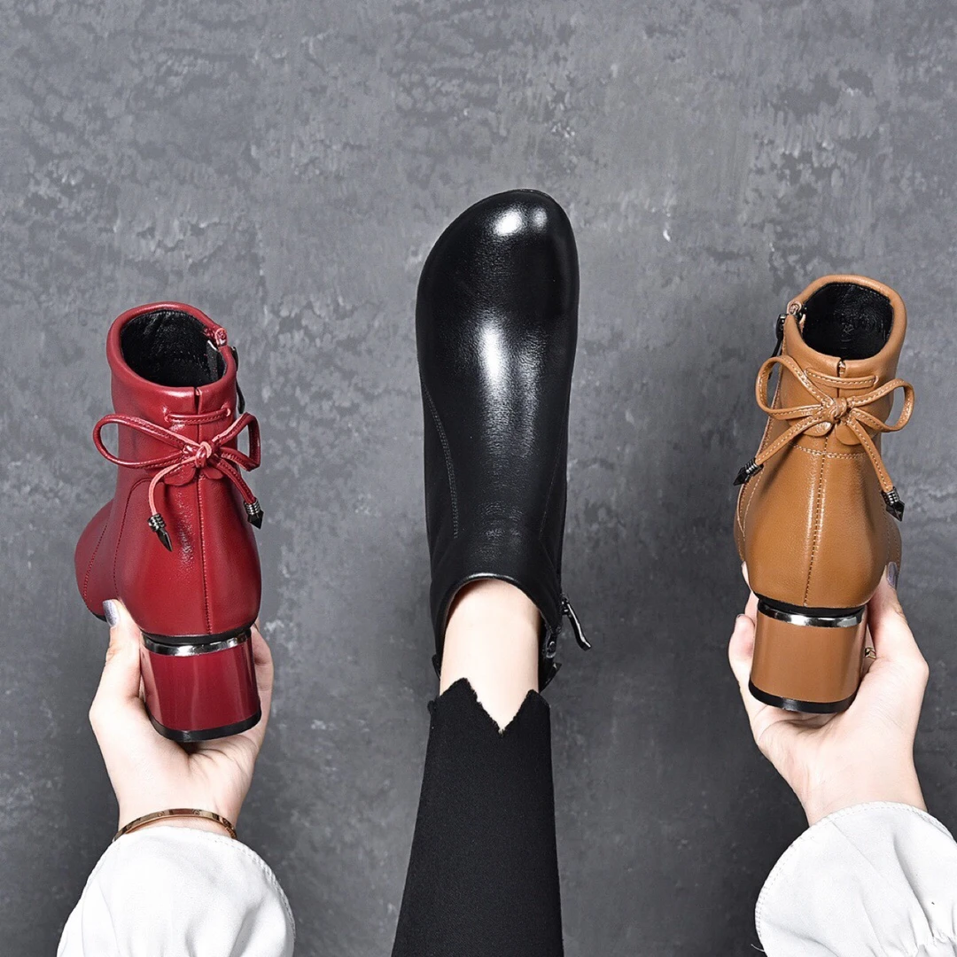 秋冬新款时尚简约蝴蝶结装饰粗跟圆头短靴  羽