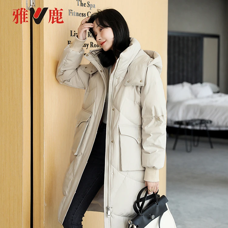 雅鹿【加厚】工装连帽羽绒服女长款2023新款90白鸭绒冬季保暖