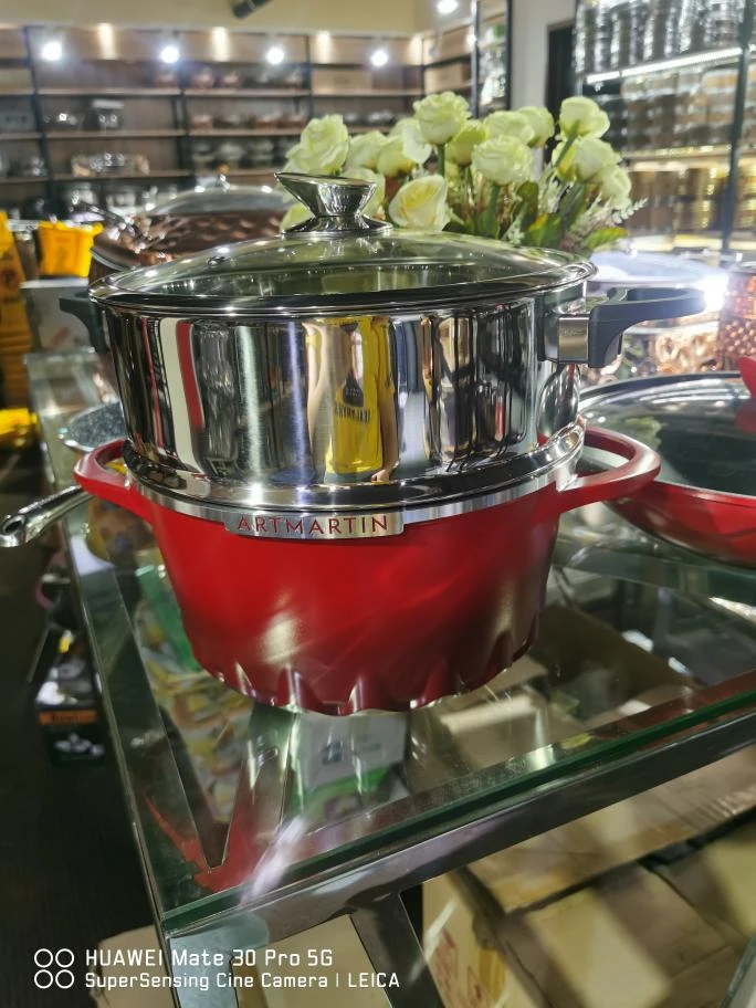 阿米尔红色火焰蒸锅26公分家用厚底无油烟不粘锅电磁炉燃气灶适用