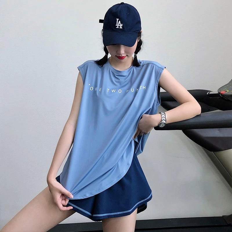 瑜伽服上衣女无袖宽松速干T恤女网红健身背心短袖跑步罩衫运动薄