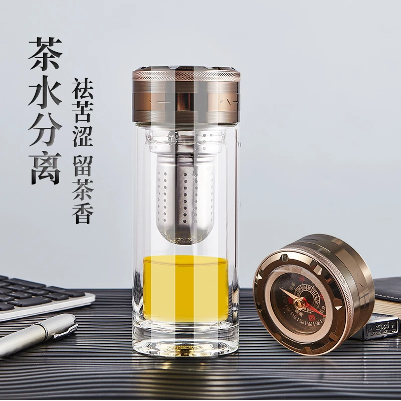 玉金晶玻璃杯双层玻璃杯茶水分离大容量水杯带指南针商用茶杯