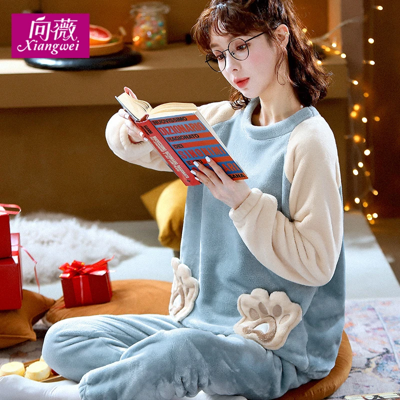 睡衣女冬绒韩版可爱秋冬款加厚法兰绒女士家居服春秋套装暖绒
