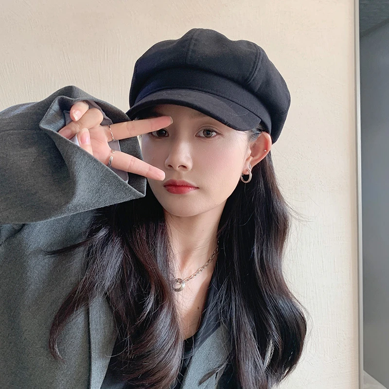新款 韩版ins海军帽女复古英伦秋冬百搭黑色贝雷船长八角帽子