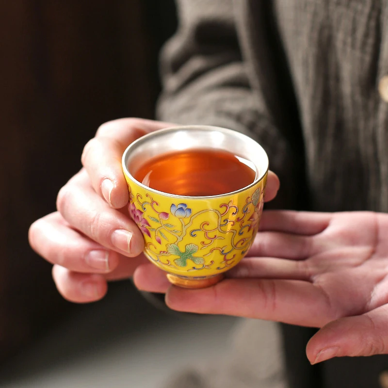鎏银陶瓷茶杯 999纯银陶瓷品茗杯 珐琅彩茶杯水杯 百花争艳银杯子