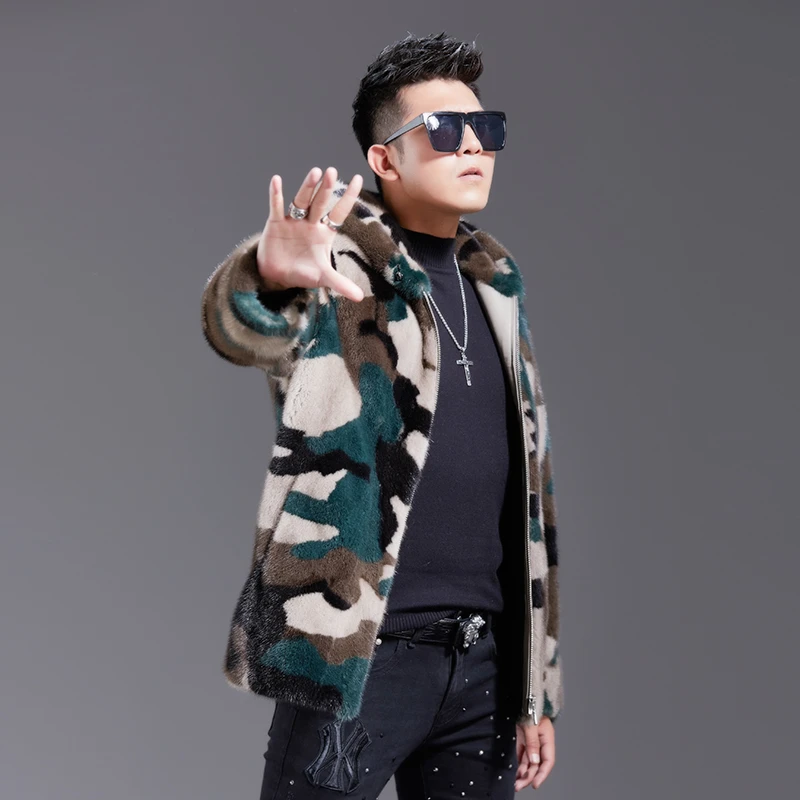 monawei/陌纳威短毛貂皮外套迷彩拉链连帽短男士海宁皮草休闲