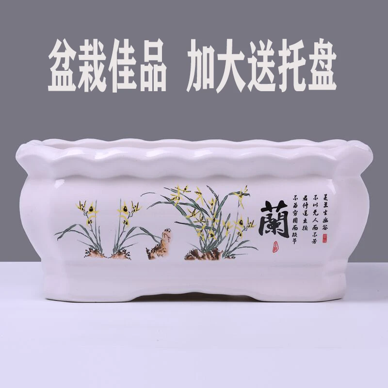 长方形陶瓷花盆送托盘特大号透气有孔绿植果树兰花蝴蝶兰专用花盆
