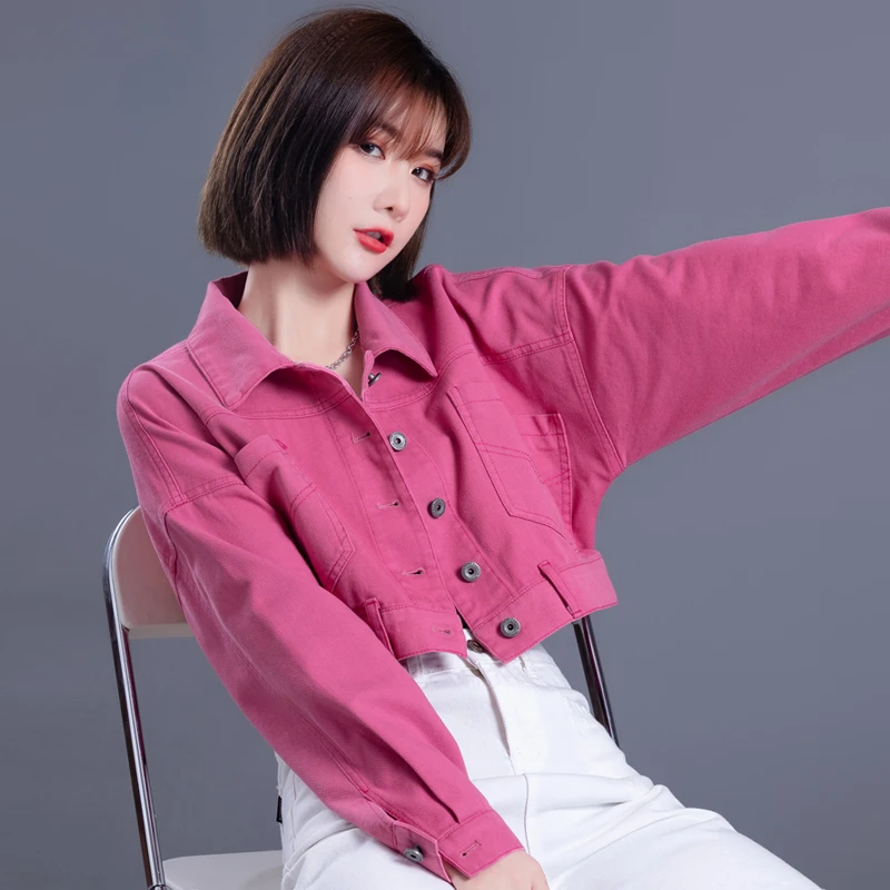 玫红色女士牛仔外套女设计感春秋季新款短款洋气牛仔衣女时尚显瘦