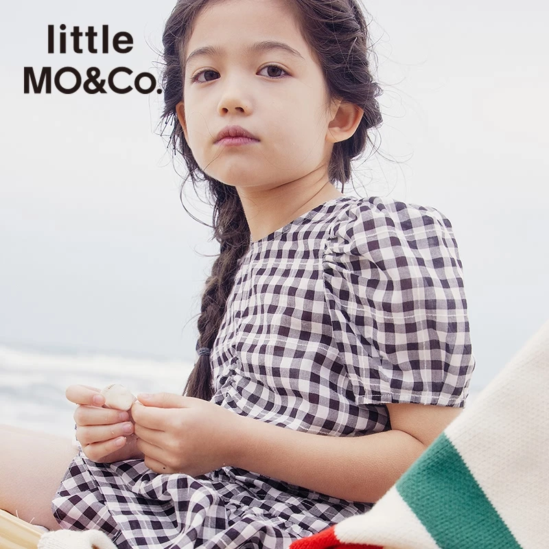 little moco童装新款法式泡泡袖格子上衣格纹短袖T恤#KBA2TOP020